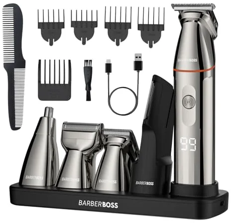 BarberBoss Recortadora de barba, Cabello para hombres, Kit cuidado de barba 5 en 1, Juego de recortadora, Maquinilla de afeitar de precisión, Recortadora de precisión, nariz, orejas y cuerpo, QR-6010