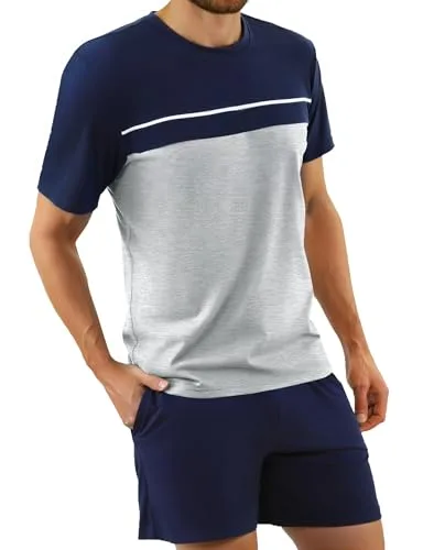 Bresdk Pijama Hombre Verano de Algodón Conjunto de Pijamas Corto con Camiseta y Pantalones Cortos con Bolsillos y Cordón