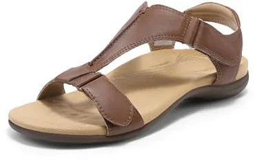 DREAM PAIRS Sandalias Mujer Comodas Zapatos Planos con Apoyo Plantar para Paseo Playa Viaje,Size 38.5,Marrón,DWUMFS2508