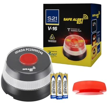 S21 Señalización Baliza V16 Homologada DGT con Ventosa Incluida | Geolocalizada con SIM MOVISTAR Incluida y Activada hasta 2038 | Baliza V-16 Homologada DGT Obligatoria A Partir de 2026