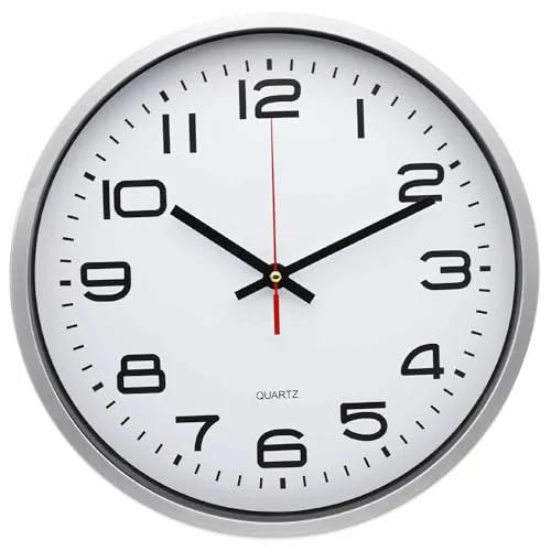 TECHZOCO Reloj de Pared, Apto para Oficina, Cocina, Dormitorio, Movimiento Cuarzo silencioso, Reloj Decorativo, Marco Plateado Esfera Blanca, 19.5 cm de diámetro
