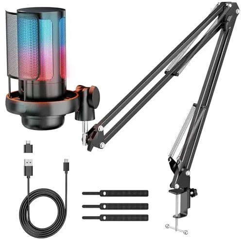 Anykuu Microfono PC Microfono Condensador Gaming con Ajustable Brazo/Mute Touch para Podcast Gaming Estúdio Youtube per Ordenador PS4 PS5