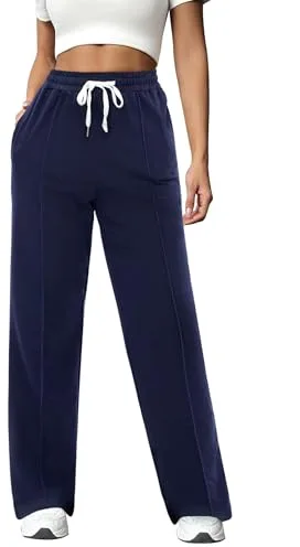 Crewhpo Pantalones Deportivos Mujer Algodón Largo Pantalón de Chándal con Bolsillos Elástica Cordón Jogger para Casual Correr Jogging Fitness