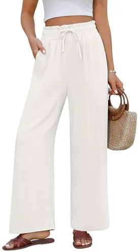 PASUDA Pantalones de Algodón y Lino Mujer Verano Cómodos Ligeros Anchos Casual Cintura Alta Elástica Rectos con Bolsillos