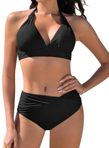 Vijamiy Traje de Baño para Mujer Bikinis Push Up Bañadores Dos Piezas Conjunto Top de Bikini con Cuello Halter(Negro,M)