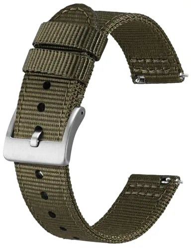 BISONSTRAP Correas de Nailon Militar, Correas de Reloj para Hombres, Liberación Rápida, Hebilla Cepillada, 22mm, Verde Militar (Hebilla Plateada)