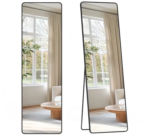 SONGMICS Espejo de Cuerpo Entero, 150 x 40 cm, Espejo Rectangular con Soporte, con Marco de Aleación de Aluminio, Cristal Templado, para Dormitorio, Salón, Vestuario, Negro Tinta LFM034B01