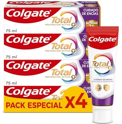 Colgate Total Prevención Activa + Cuidado de Encías Pasta de dientes 4x75ml | 3 veces más eficaz combatiendo la causa principal* de los problemas bucodentales más comunes