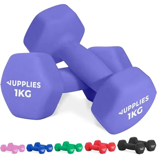 JUPPLIES Juego de Pesas y Mancuernas de Neopreno 1Kg/2Kg/ 3Kg/ 4Kg/ 5Kg/10Kg (Pares) - Diseño compacto, Anti-Rodamiento y Antideslizantes - Entrenamiento en Casa (Morado - 2 x 1 kg)