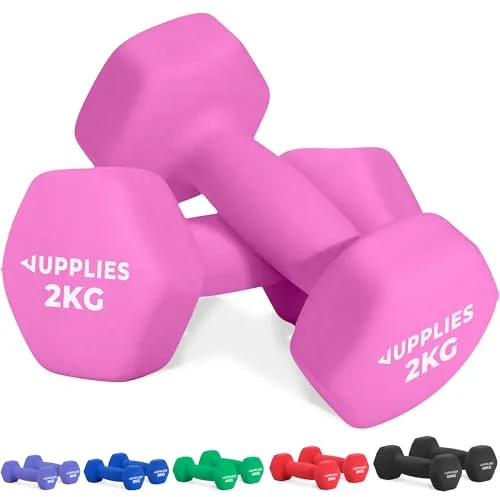 JUPPLIES Juego de Pesas y Mancuernas de Neopreno 1Kg/2Kg/ 3Kg/ 4Kg/ 5Kg/10Kg (Pares) - Diseño compacto, Anti-Rodamiento y Antideslizantes - Entrenamiento en Casa (Rosa - 2 x 2 kg)