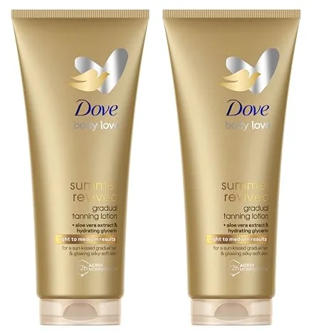 Dove Loción Corporal Autobronceadora Summer Revived, Pieles Medias y Oscuras, Bronceado Gradual, Acabado Natural, Piel Luminosa, 72H de Hidratación, Con Extracto de Aloe Vera y Glicerina, 2x 200ml