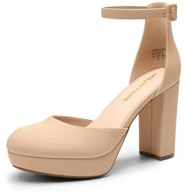 DREAM PAIRS Zapatos de Tacón Alto Chunky con Plataforma para Mujer, Punta Cerrada, Correa de Tobillo, Vestido, Fiesta Nupcial, Zapatos de Boda,Size 36.5,Desnudo,DWUMPU2534