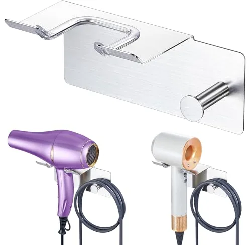 Soporte para Secador de Pelo sin Taladrar, Soporte para Secador de Pelo, Pared sin Taladrar Metal, Autoadhesivo Soporte para Secador de Pelo de Pared, Soporte para Secador de Pelo para Baño (Plata)