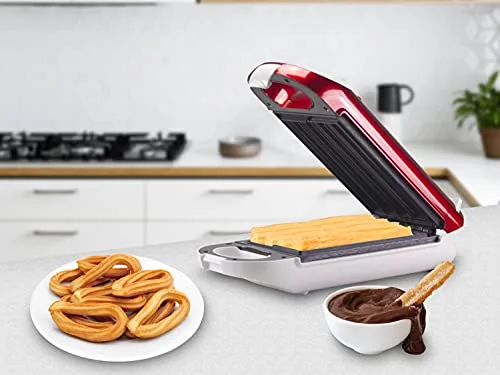 BEPER BT.600Y. Plancha Antiadherente para Churros, 800W de Potencia, Mango Aislante del Calor, Luz de Funcionamiento y Pies Antideslizantes - Ideal para Desayunos y Fiestas - Roja