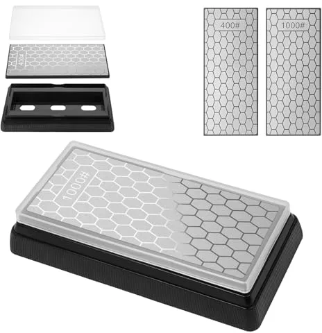 Aolso Piedra Afilar Diamante Doble cara, Grano 400/1000 Piedra Afilar Cuchillo, Placa de Afilado con Base Antideslizante, Herramientas Cocina Exteriores,para Cuchillos de Cocina,Tijeras