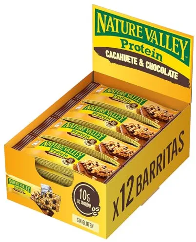 Nature Valley Protein, Barritas de Cacahuete y Chocolate con 10g de Proteína, Sin Gluten, Apto para Vegetarianos, 12x40g