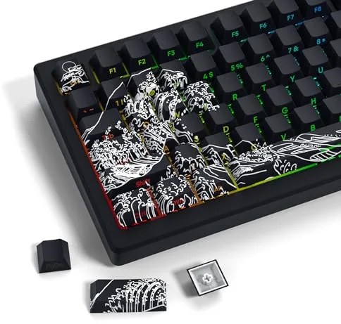 LQXQ 131 teclas PBT Keycaps Custom Keycap Cherry Profile Shine Through, Wave of Kanagawa Double Shot Keycaps Side Print, Dye Sub Keycap Set, Negro