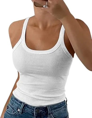 DUOEASE Top Mujer Blanco 2025 Basicas Slim fit Cuello Crew Costilla Camiseta de Tirantes Elástica Ropa Verano-Blanco-S