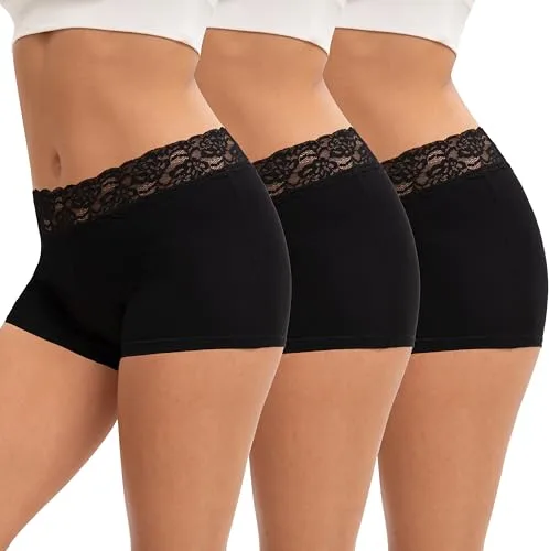 INNERSY Boxer Mujer Algodon Encaje Ropa Interior Negro Pantalones Cortos Debajo Falda Pack de 3 (M, 3 Negro)