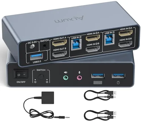 Alxum HDMI Conmutador KVM 2 monitores 2 ordenadores-4K60Hz, Pantalla extendida/espejo HDMI, con 3 puertos USB 3.0 Soporta control de cables de escritorioIncluye 2 cables USB3.0