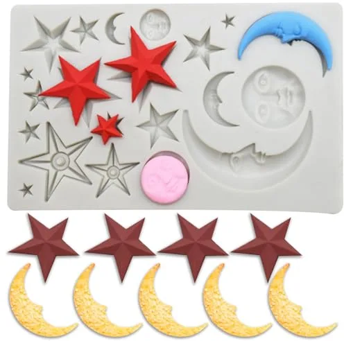 Moldes de Silicona, 3D Sol, Luna y Estrellas, Moldes Decoración para Tartas para Fondant, Chocolate, Galletas, Repostería - Fiesta Temática (Blanco)