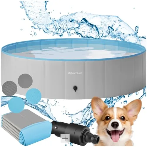 tectake Piscina plegable para perros con fondo antideslizante y tela de PVC duradera, piscina para remo con fácil instalación y válvula de drenaje rápido, incluye parches de reparación, piscina ideal