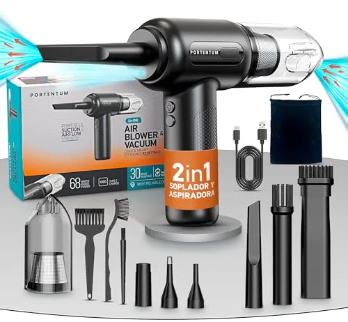 PORTENTUM 2 en 1 Aspirador de Mano Potente y soplador Aire comprimido, con batería, 3 velocidades y Bolsa de almacenaje. Aire comprimido Limpieza pc, sofá, Mascotas, Coche