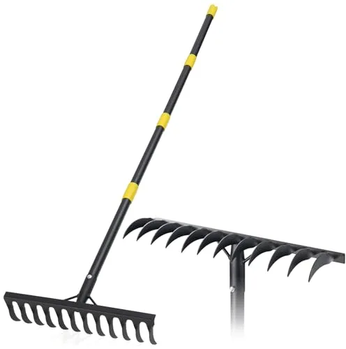 Rastrillo de jardín resistente, rastrillo de metal de 189 cm con 12 dientes, rastrillo de arco con mango largo para aflojar la nivelación del suelo, césped, tierras agrícolas, color negro