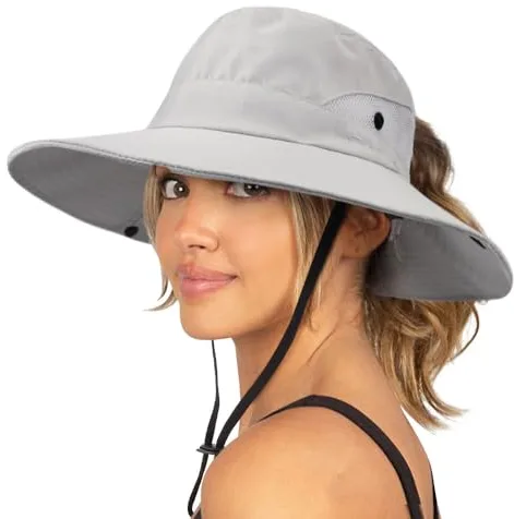 DRESHOW Mujer Sol Sombrero Al aire Libre UV Protección Sombrero Plegable Ala Ancha Pesca Ponytail Playa Bucket Sombreros