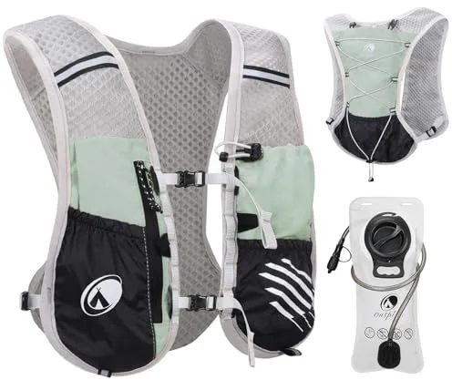 Outplea Chaleco Hidratacion Trail Running, Chaleco Running Hombre Mujer con Bolsa Hidratación 2L, Mochila Running Moto Hidratacion Reflectante para MTB Ciclismo Maratón, Verde
