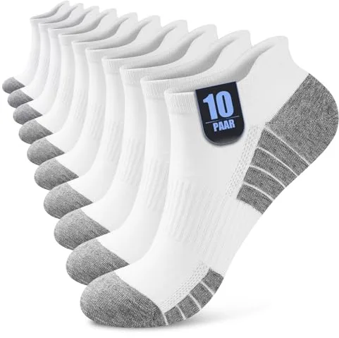 Effeet 10 Pares Calcetines Tobilleros Hombre Mujer, Calcetines Cortos Algodón Transpirables, Ideales para Deporte, Correr, Casa, Trabajo, Verano, Blanco 43-46