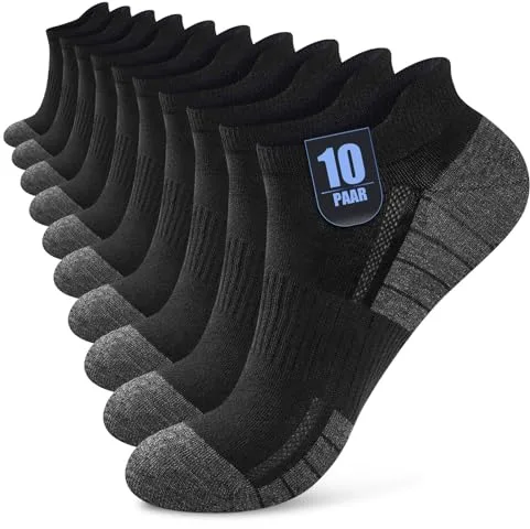 Effeet 10 Pares Calcetines Tobilleros Hombre Mujer, Calcetines Cortos Algodón Transpirables, Ideales para Deporte, Correr, Casa, Trabajo, Verano, Negro 43-46