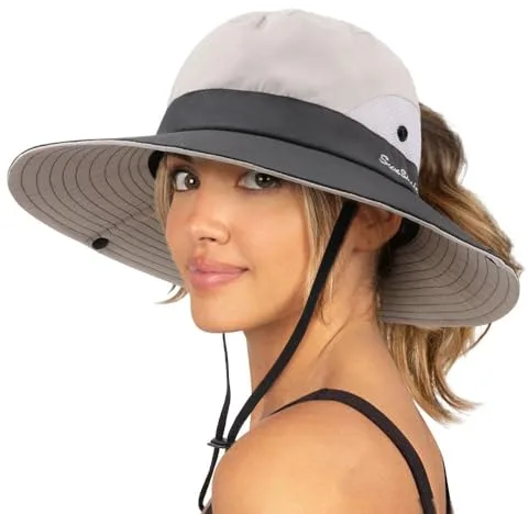 DRESHOW Mujer Sol Sombrero Al aire Libre UV Protección Sombrero Plegable Ala Ancha Pesca Ponytail Playa Bucket Sombreros