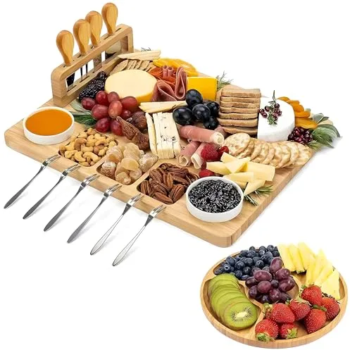 Kicinn Tabla de Quesos 35,5 x 28,5 cm - Tabla de Cortar Queso con 4 Cuchillos para Queso, 6 Tenedores, 2 Salseras y una Tabla de Servir Extra - Tabla Charcutería Bambú - Tabla de Tapas
