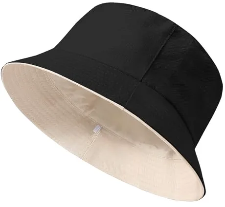 Xnova Sombrero de Pescador para el Sol Unisex, Reversibles Bucket Hat Algodón Plegables, Ligero Cabezas Grandes Cubo Sombreros de Playa Senderismo para Hombres Mujeres (Negro-Beige, XL:62-64cm)