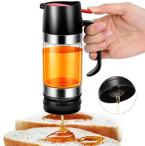Dispensador de miel de vidrio, tarro a prueba de goteo con mango, dispensador de jarabe tipo prensa, vidrio sellado, 9 oz (266 ml)