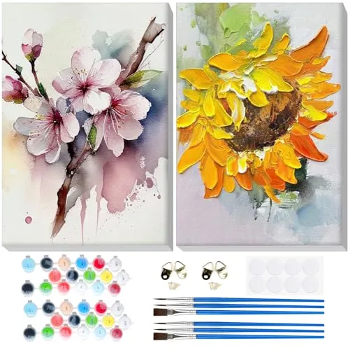 Lxmsja 2 Pack Flores Pintar por Numeros Adultos con Marco, DIY Girasol Colorear por Números Lienzos, Pintura Acrilica Manualidades Adulto Decoracion Hogar Pared 20x30cm