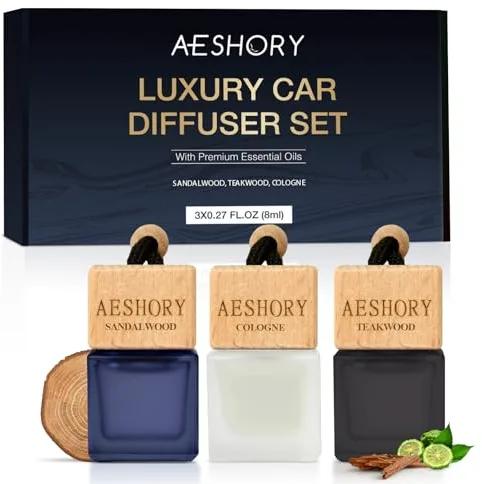 AESHORY Hombres Ambientadores de Coche 3 x 8ML, Difusor de Aceite Esencial Colgante para Automóvil, Frasco de Perfume de Aromaterapia para Coche - Colonia, Sándalo, Teca
