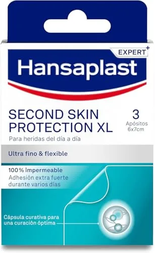 Hansaplast Second Skin Protection Apósito Avanzado XL, Apósito impermeable, ultrafino y flexible, Fuerte adhesión, Para aliviar el dolor y curar heridas, 3 uds.