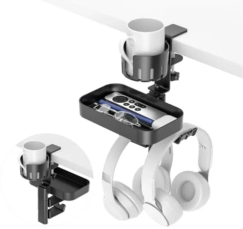 KDD Organizador Cajóns Debajo Del Escritorio con 2 Soporte Cascos Gaming - Oculto Cajonera Escritorio Giratorio con Portavasos - sin Taladrar C-clip Soporte Auriculares para Oficina Escuela Hogar