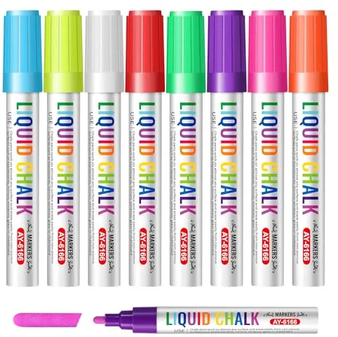 Vinabo Rotuladores Borrables Pizarra Blanca, Rotuladores Tiza Liquida Borrable de Doble Punta Cristal B orrable Chalk Markers Para Vidrio, Espejo, Tableros De Madera - 8 Colores