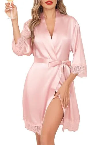 Lovasy Bata Saten Mujer Manga 3/4 Encaje Kimono Mujer Japones de Casa Sexy Bata Novia Blanca con Cinturón,Rosa,M