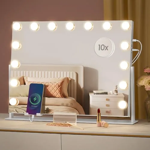 SONGMICS Espejo de Maquillaje con Luz, Control Táctil, 18 Bombillas LED Regulables, Puertos de Carga, 3 Temperaturas Color, Soporte Teléfono, 80 x 60 cm, Blanco Mate LWM003WC02