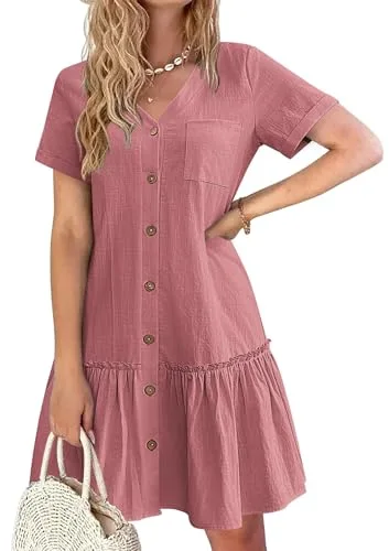 Hotouch Vestido Camisero Mujer Verano Lino Elegante con Botones Vestido Veraniego Manga Corta Túnica Escote en V Vintage Mini Rosa XXL