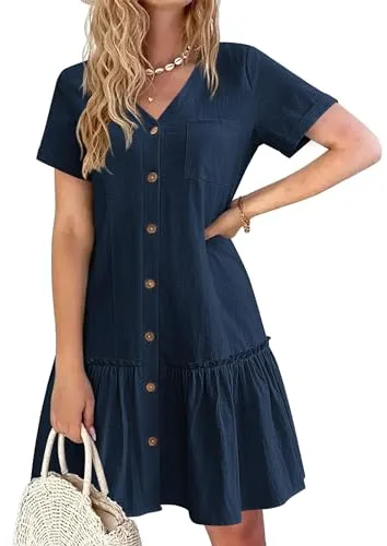 Hotouch Vestido Camisero Mujer Verano Lino Elegante con Botones Vestido Veraniego Manga Corta Túnica Escote en V Vintage Mini Azul Marino M