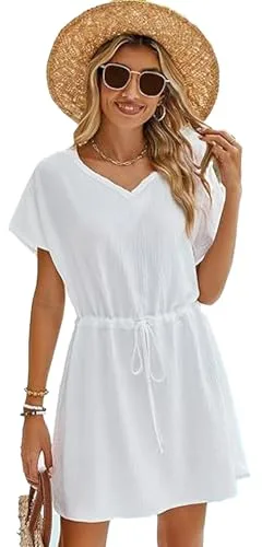 Vossmi Vestido de Playa Mujer Manga Corta Playa Traje de Baño Suelto Cuello en V Cover Up Casual Cordón en La Cintura Ropa de Playa Chiffon Ropa de Playa,Blanco