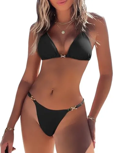 CMTOP Conjuntos de Bikinis Mujer Traje de Baño 2 Piezas Halter Triángulo Bikini y Braga Tanga Cintura Baja Ajustable Sexy Bikinis Brasileño Clásico Sólido Bañadores de Playa(Negro, S)