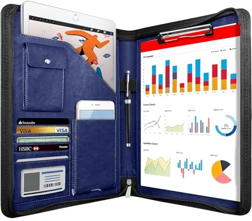 NEWYES Portadocumentos de Cuero A4 para Conferencias con Cremallera- Regalo Hombre/Mujer, Carpeta Organizadora Agenda Ideal para Oficina y Viaje de Negocios (Azul)