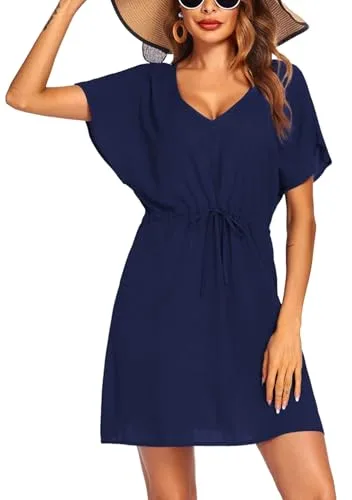 Vossmi Vestido de Playa Mujer Manga Corta Playa Traje de Baño Suelto Cuello en V Cover Up Casual Cordón en La Cintura Ropa de Playa Chiffon Ropa de Playa,Azul Marino