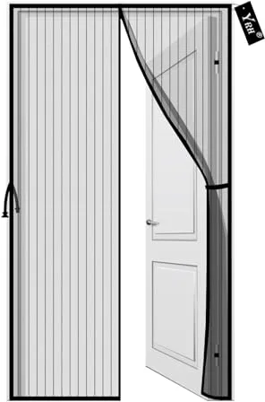 YRH Mosquitera Puerta Magnetica, Nuevo Diseño de Hebilla Lateral, Malla Mejorada y Autosellante, Puerta Mosquitera con Cinta de Sujeción Universal, Negro, 90 x 210 cm